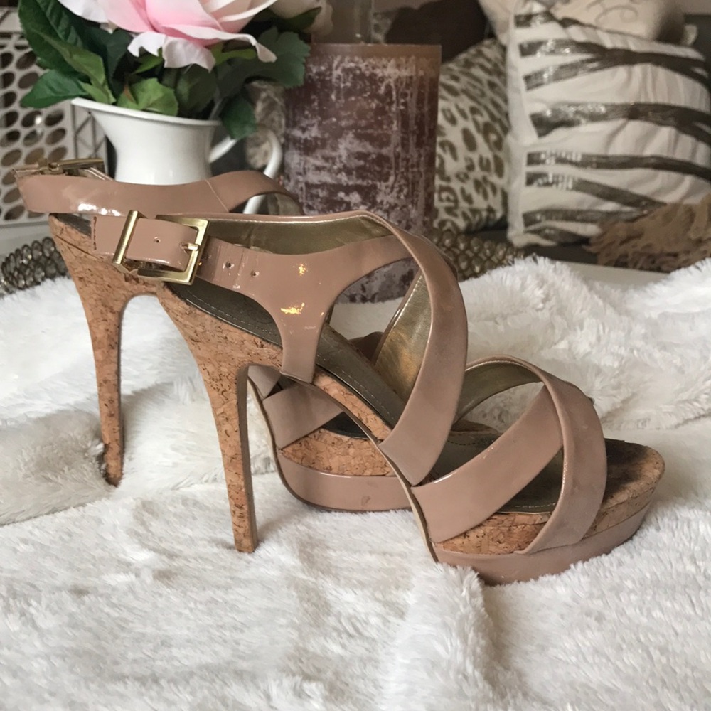 Nude Strappy Cork Heels